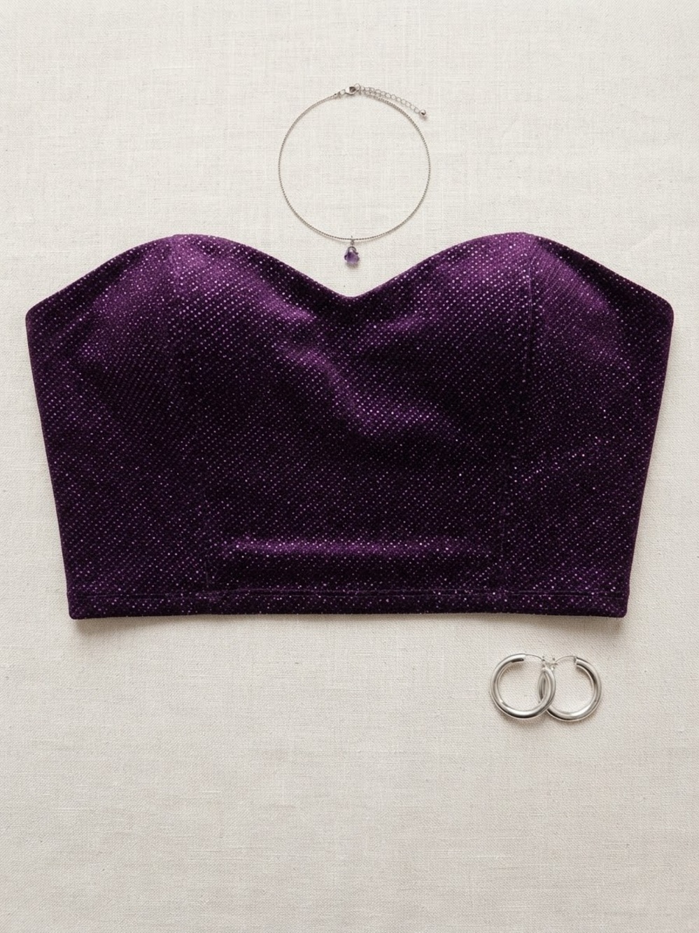 Haute Monde Purple Glitter Strapless Bustier Crop Top